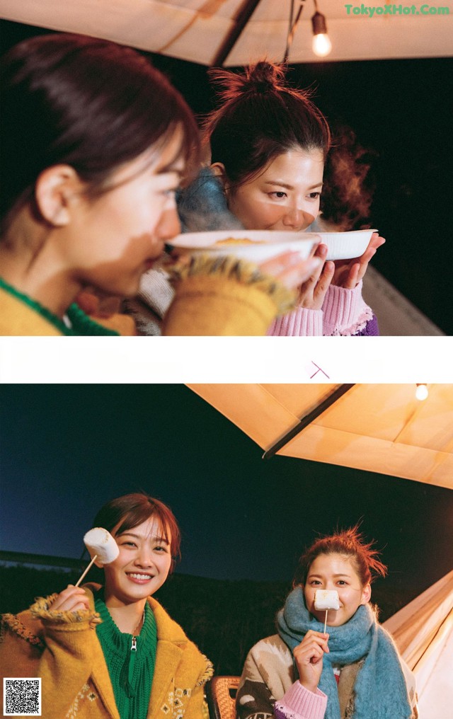 A couple of women sitting next to each other eating marshmallows.