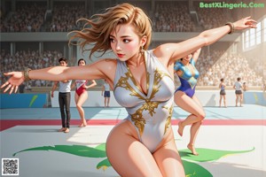 A woman in a bathing suit standing in front of a crowd.