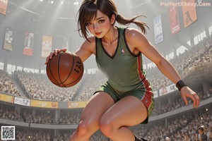 A woman in a basketball uniform dribbling a basketball on a court.