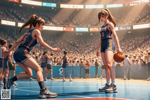 A girl in a cheerleading uniform holding a basketball.