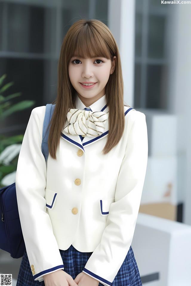 A young woman in a school uniform posing for a picture.