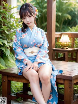 A woman in a blue kimono sitting on a bed.