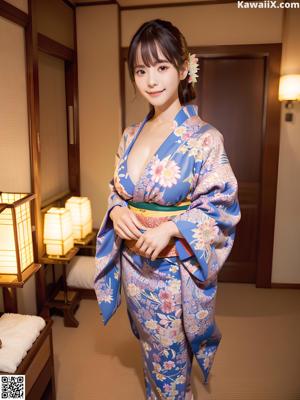 A woman in a blue kimono posing for a picture.