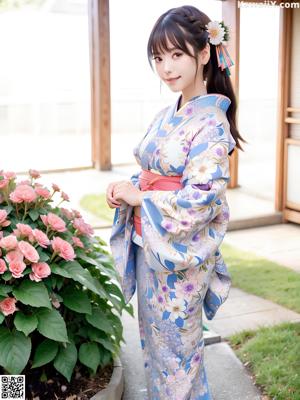 A woman in a blue kimono sitting on a bed.