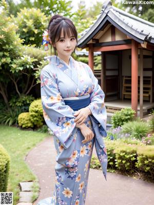 A woman in a blue kimono sitting on a bed.