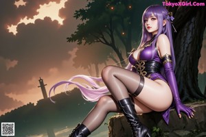 A woman with purple hair wearing a purple lingerie.