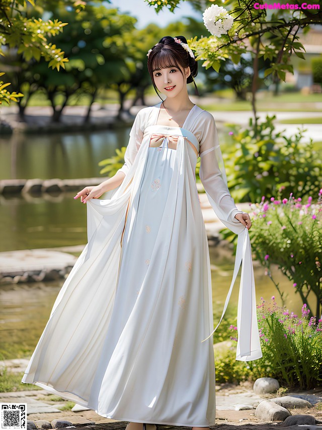 A woman in a white dress standing in front of a pond.