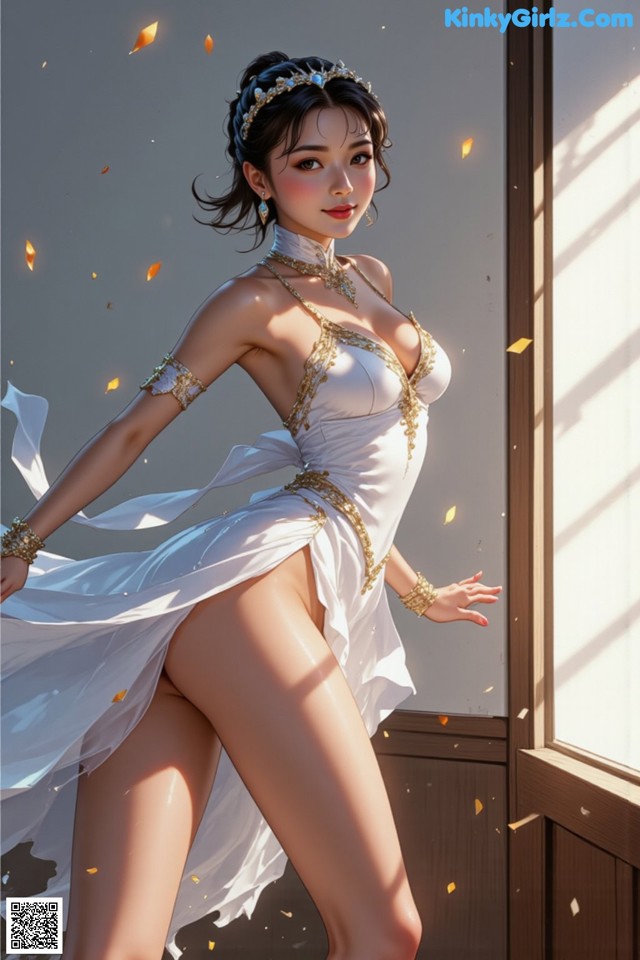 A woman in a white dress is posing for a picture.