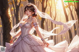 a woman in a wedding dress standing in the woods