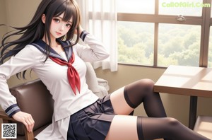 A woman in a school uniform is sitting on a couch.