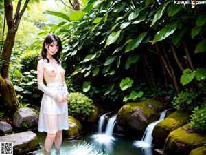 A woman in a white dress sitting on a bench.