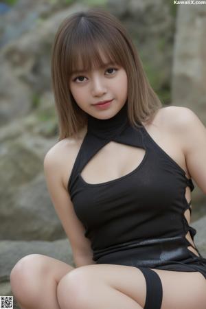 A woman in a red lingerie posing for the camera.