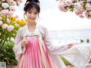 A woman in a pink and blue hanbok is posing for a picture.