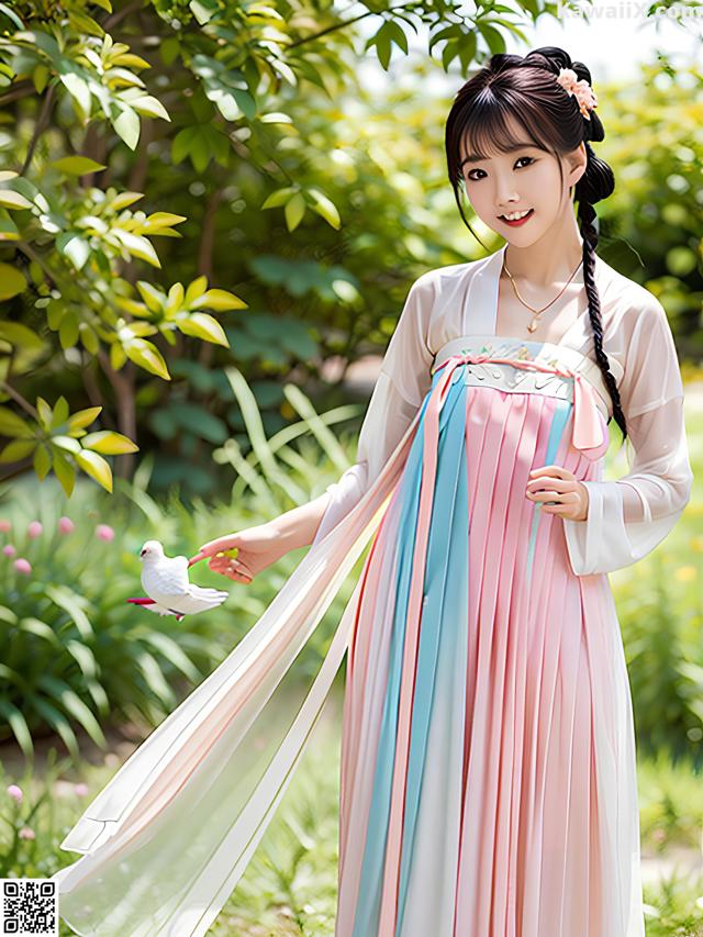 A woman in a pink and blue dress holding a white bird.