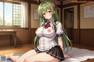 Anime girl with big tits sitting on a bed.