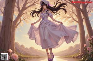 A woman in a dress and hat is walking in the woods.