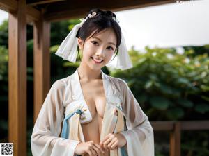 A woman in a white kimono posing for the camera.