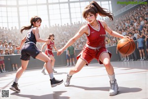 A couple of people playing a game of basketball.