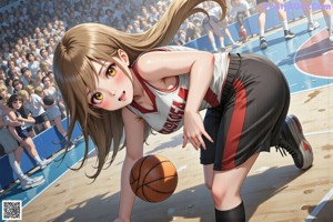 A woman in a blue and white uniform holding a basketball.