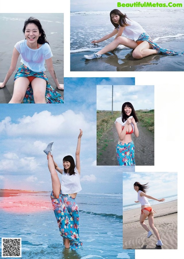 A woman in a white shirt and blue skirt on the beach.