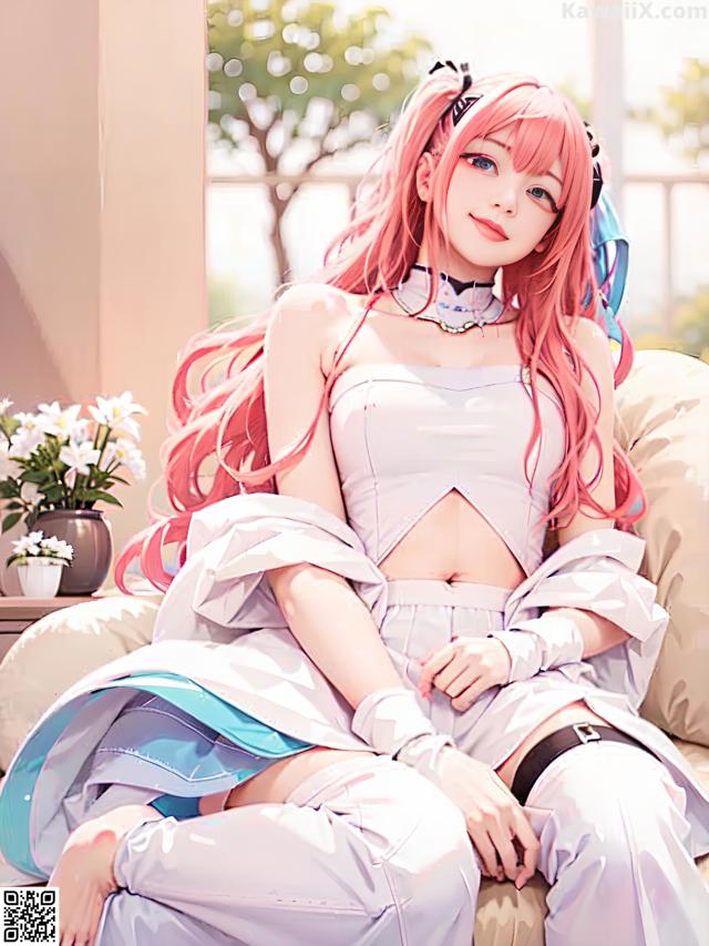 A woman with long pink hair sitting on a couch.