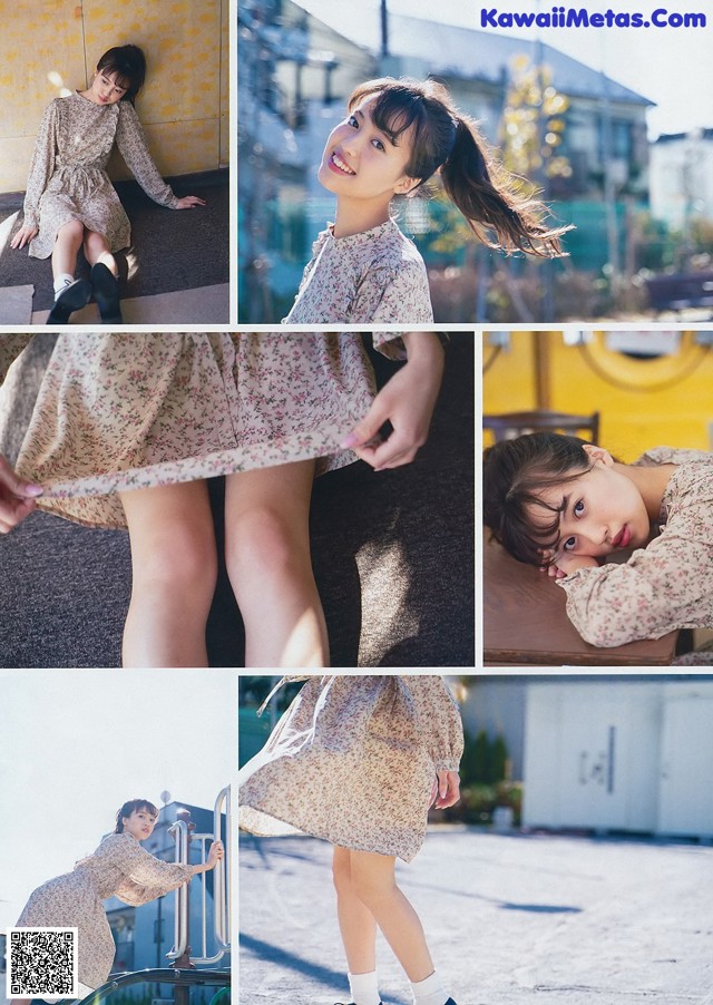 A collage of photos of a young girl in a dress.