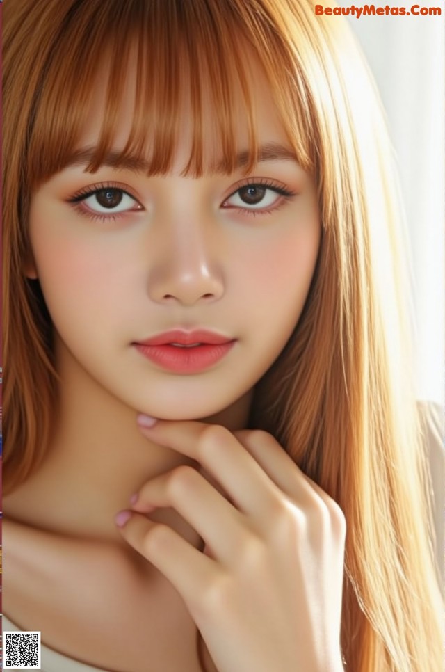 A woman with long brown hair and bangs is posing for a picture.