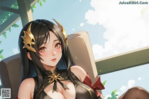 A nude woman with horns and a mask sitting on a window sill.