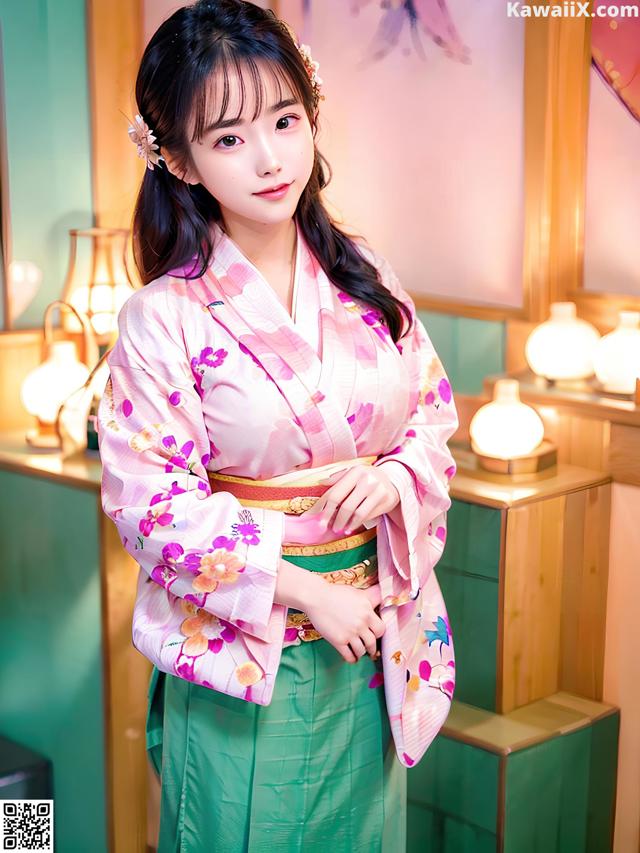 A woman in a pink and green kimono posing for a picture.