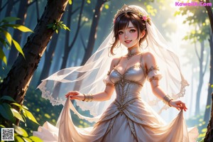 A woman in a wedding dress walking through a forest.