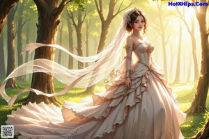 A woman in a wedding dress standing in front of a tree.