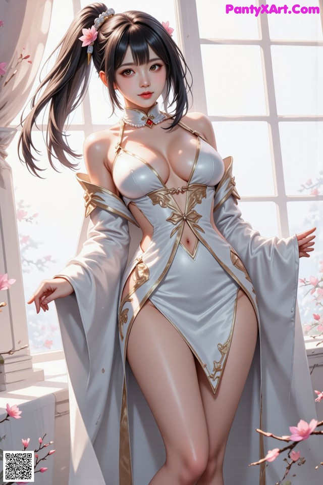 Hentai - The Frozen Elegance That Melts Starlight Set.1 20250104 Part 12 No.924752 A woman in a white and gold outfit posing in front of a window.