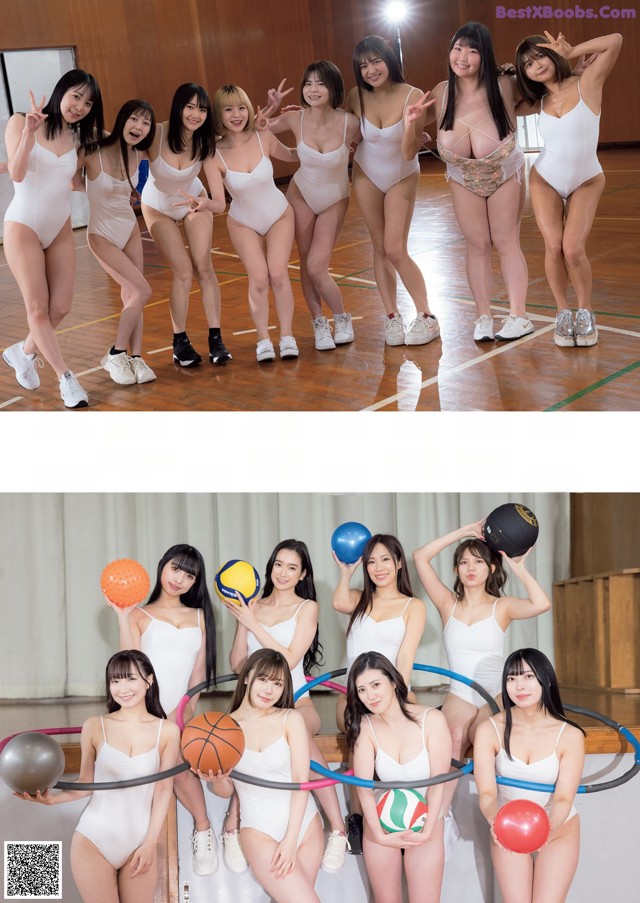 A group of women in white bathing suits posing for a picture.