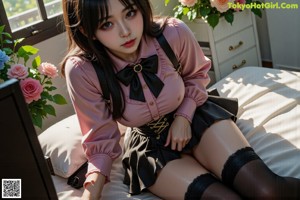 A woman in a pink shirt and black stockings sitting on a bed.