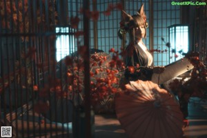 A woman in a cat costume posing for a picture.