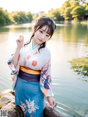 A woman in a kimono sitting on a bed.