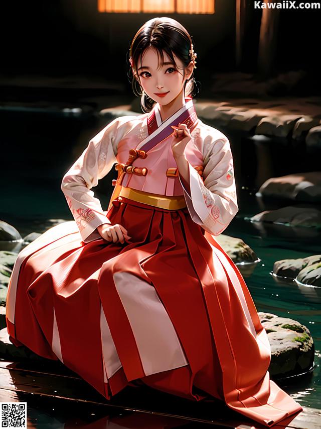 A woman in a red and white kimono sitting on a rock.