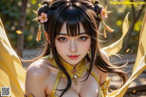 A woman in a black and gold outfit posing for a picture.
