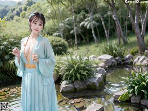 A woman in a blue robe sitting on a bed.