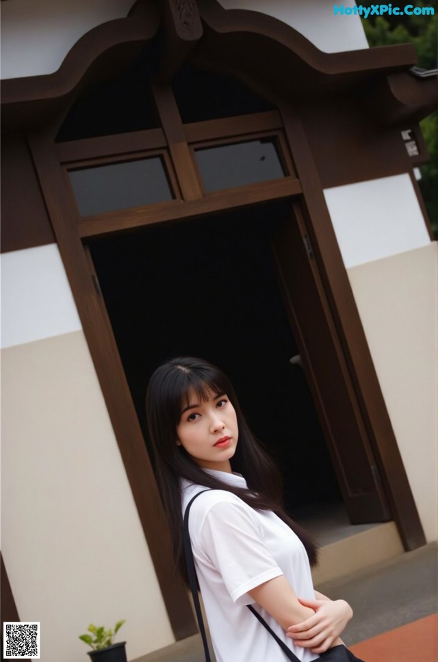 A woman standing in front of a building with a black bag.