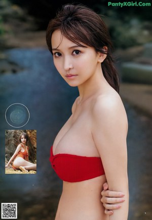 A woman in a red dress is posing for a magazine cover.