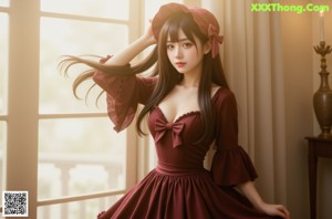 a woman in a pink dress and hat posing for a picture