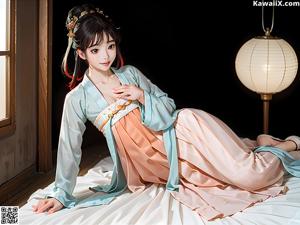 A woman in a blue and orange kimono sitting on the floor.