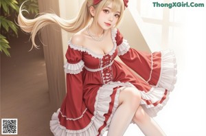 a woman in a red and white dress sitting on a window sill