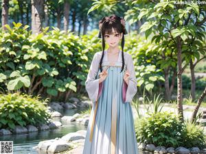 A woman in a white dress standing in front of flowers.