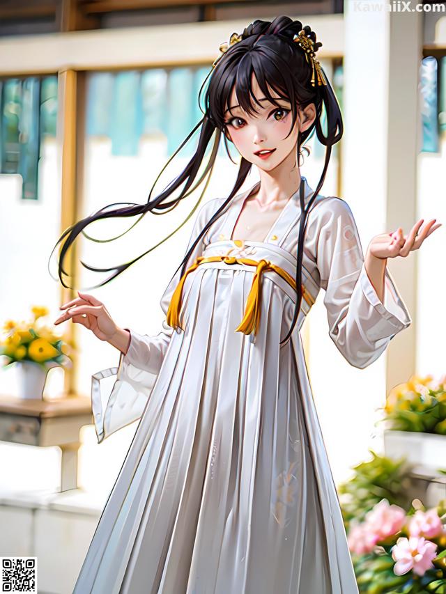 A woman in a white dress standing in front of flowers.