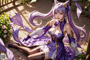 A woman in a purple and white outfit on a bed.