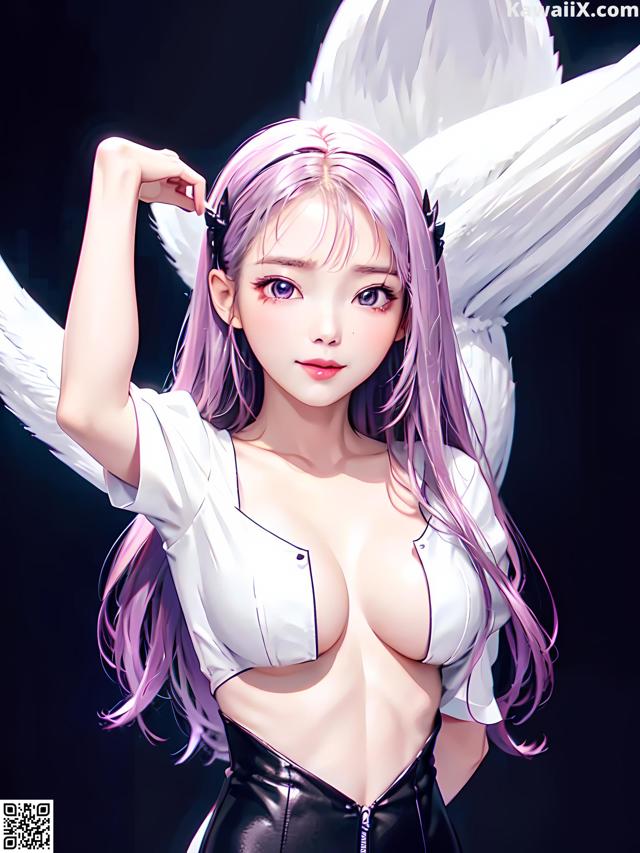 Anime girl with pink hair and white wings posing for the camera.