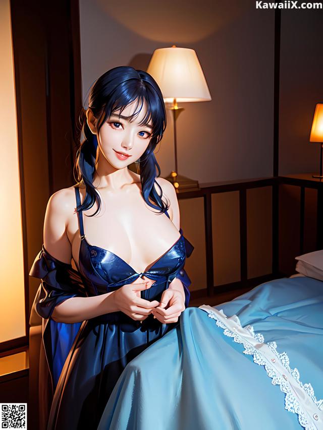 A woman in a blue dress sitting on a bed.