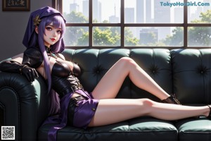 A woman with purple hair and a white veil.